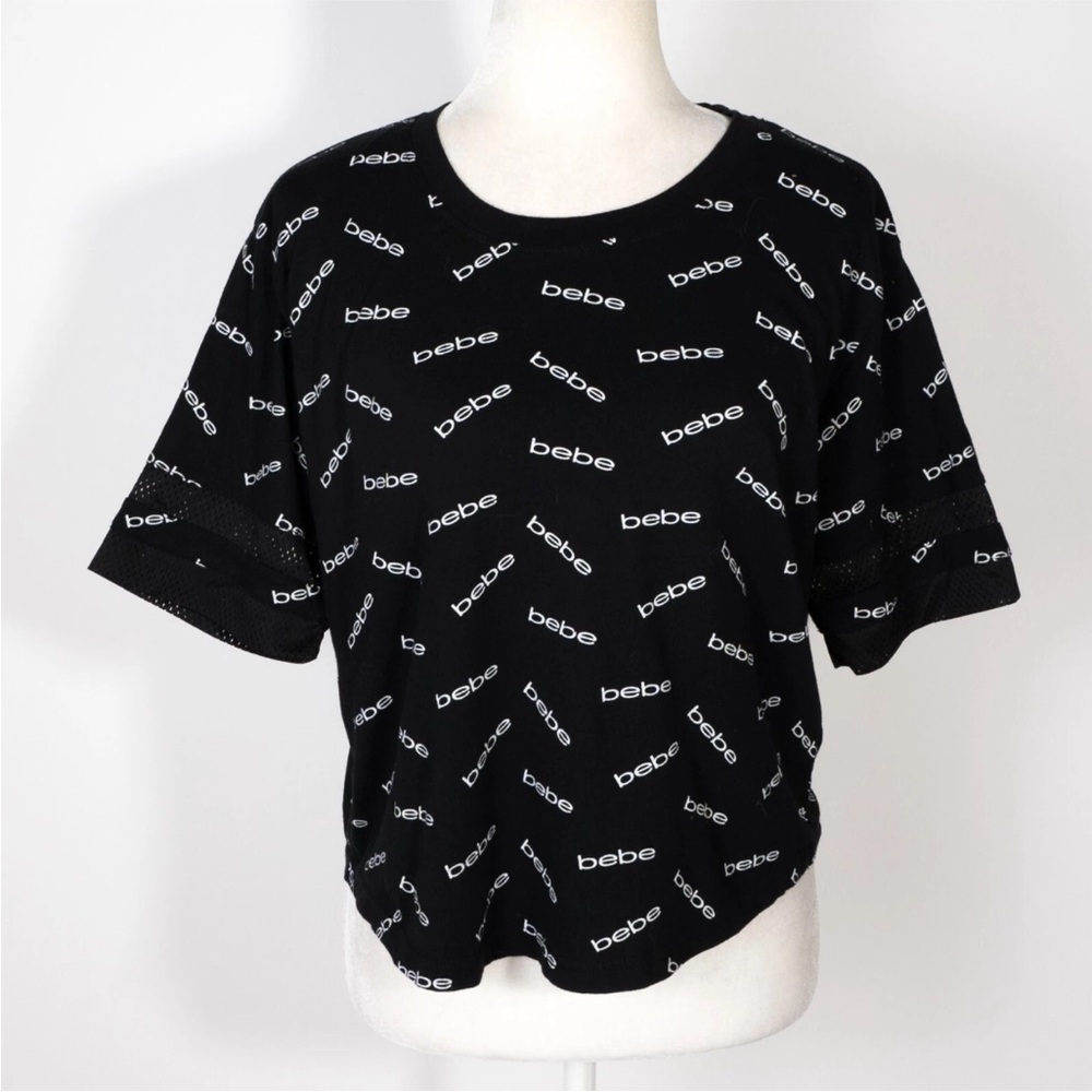 Bebe Sport Size M Black + White Crop Tee Bebe Logo Mesh Detail Short Sleeved
